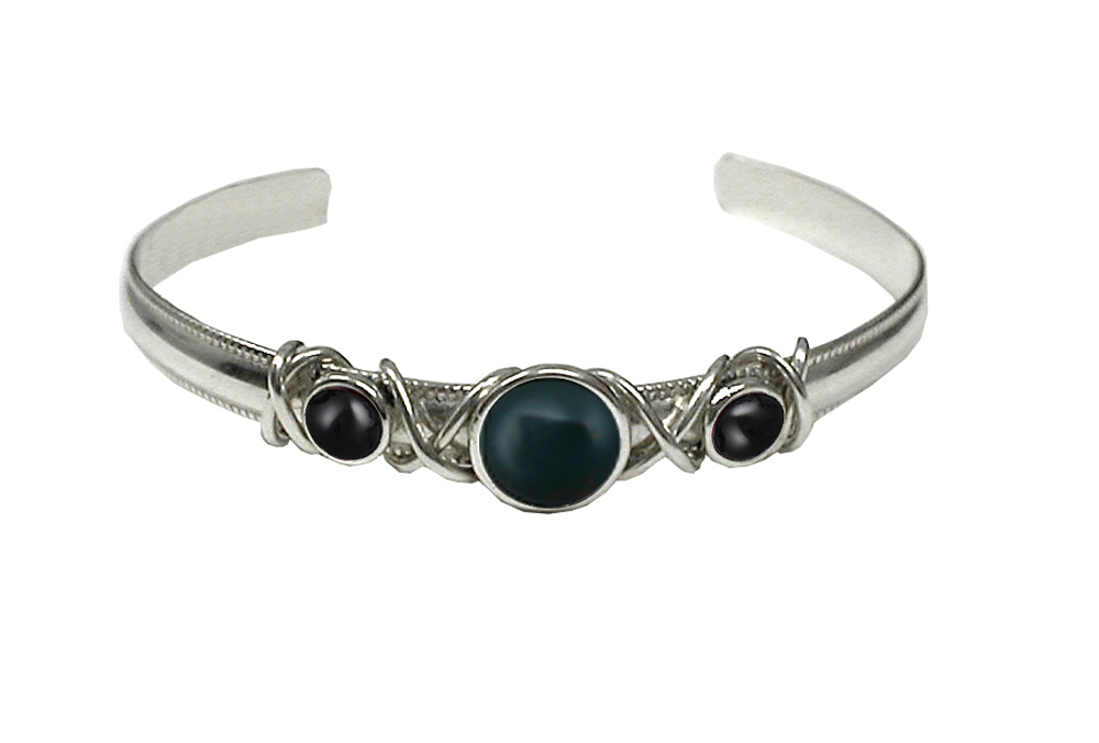 Sterling Silver Hand Made Cuff Bracelet With Bloodstone And Black Onyx